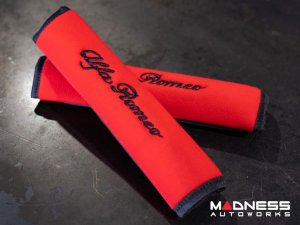 Seat Belt Shoulder Pads - set of 2 - Red w/ Alfa Romeo Logo + Black Binding